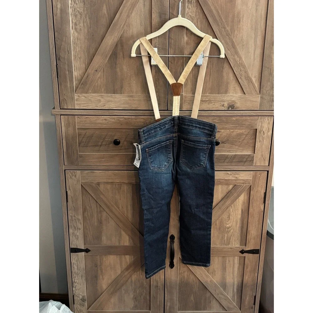 OshKosh Bgosh Kids 4T Skinny Jeans Dark Wash with Gold Glitter Suspenders NWT